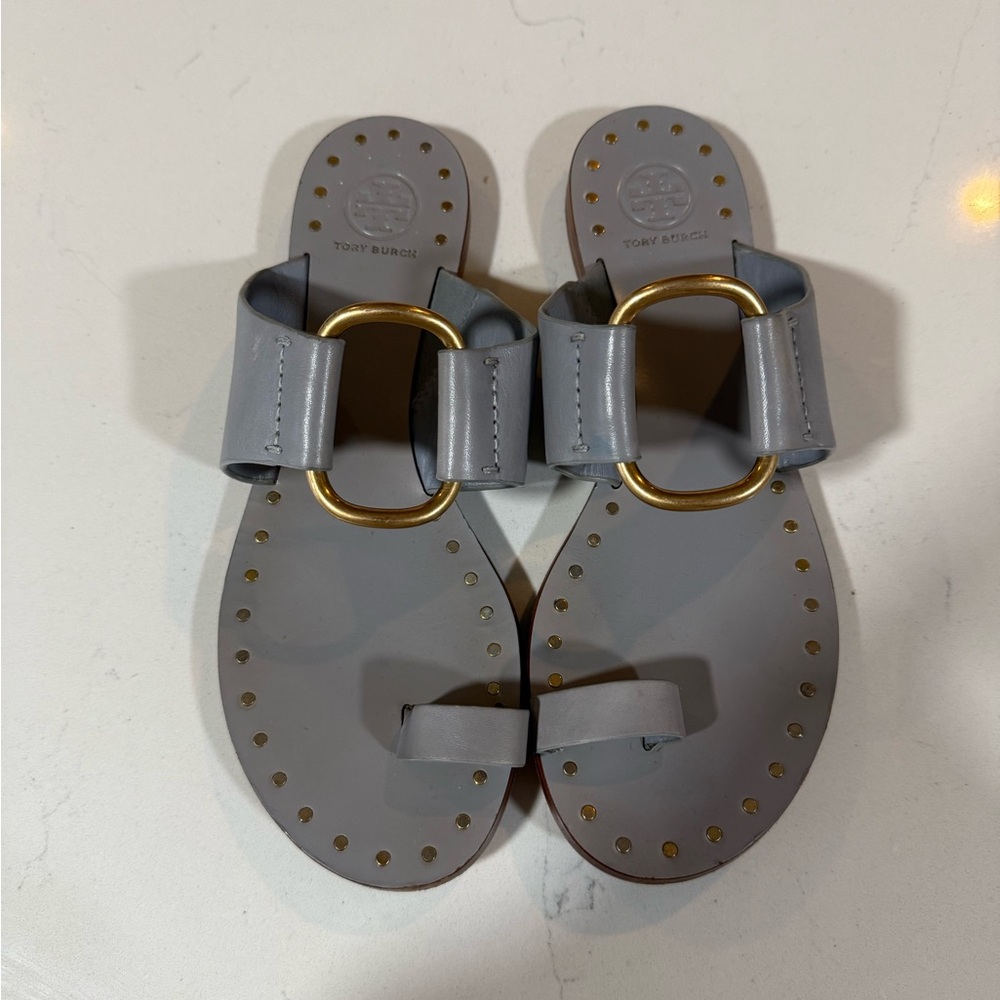 Tory Burch Gray Sandals with Gold Buckle